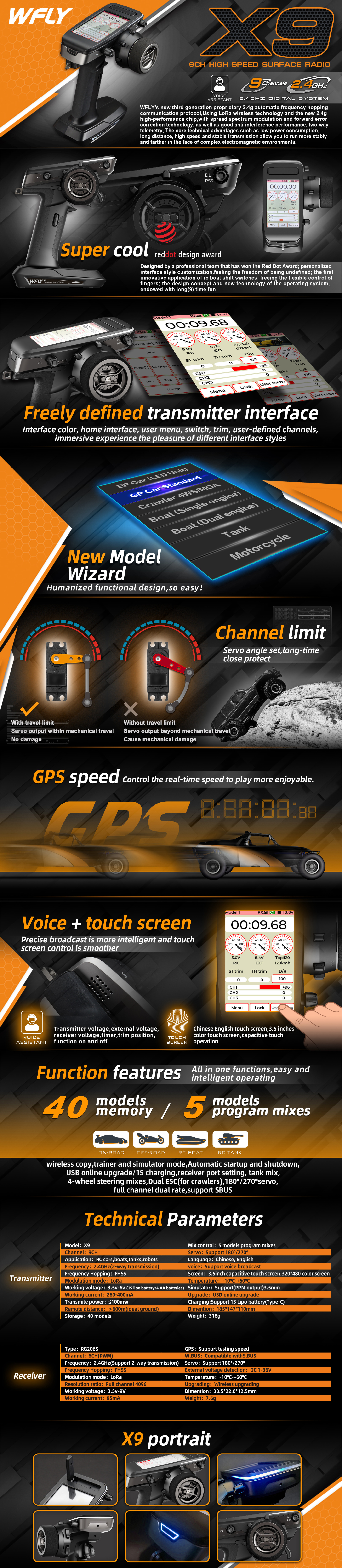 WFLY X9 9CH 2.4GHz LORA RC Car Transmitter with Touch Screen and RG206S Receiver