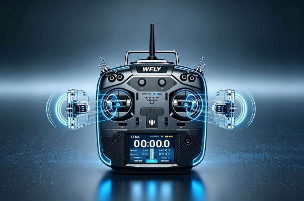 RC radio remote close‑up view of hall‑effect gimbals, hobby transmitter technical illustration